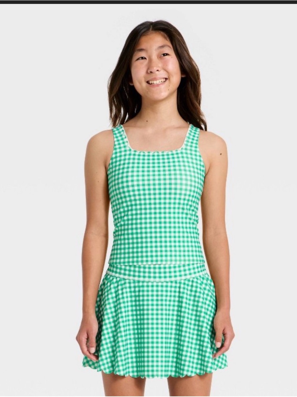 all in motion Green and White Gingham Girls' Tank & Skirt Matching Set